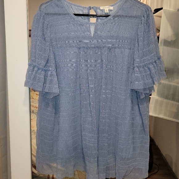 Max Studio Womens Cambray Stripe Sheer-yoke Crew Neck Blouse Size L - Picture 2 of 6